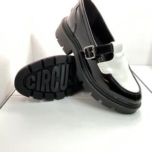 Black & Bright White Patent (Man Made Materials) Platform Mary Jane Loafers